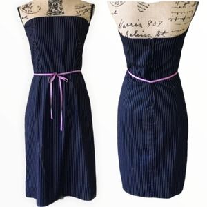 Pinstripe Strapless Dress with Tie Waist Womens size 7 Black Pink Knee Length